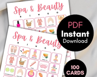 Spa Bingo Cards, 100 Printable Spa  bingo, Spa Party Activity, Spa Party Game, Spa  Birthday Game, Spa & Beauty themed bingo cards, bs701