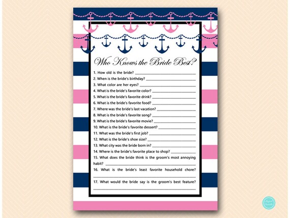 Nautical Bridal Shower Games, Who knows the Bride Best Game Printable, Bridal Shower Game, Bridal Shower Games Instant Download BS37 Il_570xn