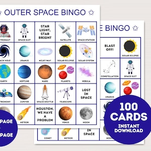 100 cartes de bingo sur l'espace imprimables, bingo sur l'espace, bingo sur le système solaire, bingo sur l'astronomie, activité spatiale dans la classe, bs701
