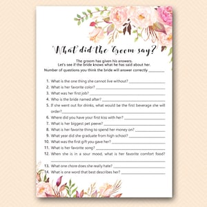 Boho Floral Bridal Shower Games, What did the Groom Say, What did he say about her, Newlywed Game, Bridal Shower Game, Games Download BS546