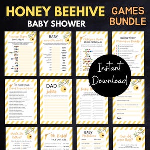 Op de afbeelding: Een set printbare babyshower-spellen met een honingbij-thema. De spellen omvatten "Kinderrijmpje Emoji Quiz", "Baby Over de Hele Wereld", "Kinderboeken Emoji Pictionary", "Raad Wie? Mama of Papa", "20 Vragen Over de Toekomstige Ouders", "Papa Grappen", "Baby Voorspellingen", "Hoe Oud Waren Ze?", "Zou Ze Liever?" en "Oh Baby! Waar of Niet Waar".