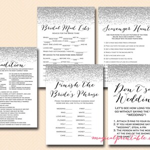 Silver Glitter Bridal Shower Game Package, printable games, instant download, Silver Confetti, Bachelorette, Wedding Shower BS89