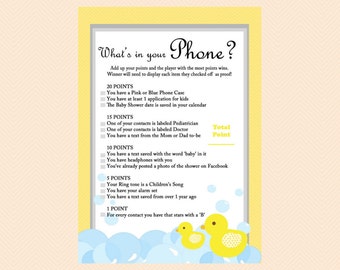 What's in your phone game, phone game, cellphone game, Duck Theme, Rubber Duck Baby Shower Game Printables, Gender Neutral, Yellow, TLC35