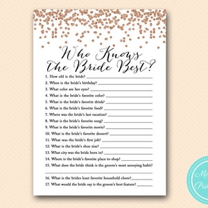 Who knows the Bride Best Game Printable, Rose Gold Bridal Shower Game Printable, Bachelorette, Wedding Shower BS155