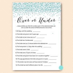 Teal Glitter Bridal Shower Games Package, over or under, who knows bride best, what did groom say, Teal glitter bachelorette, BS472t image 4