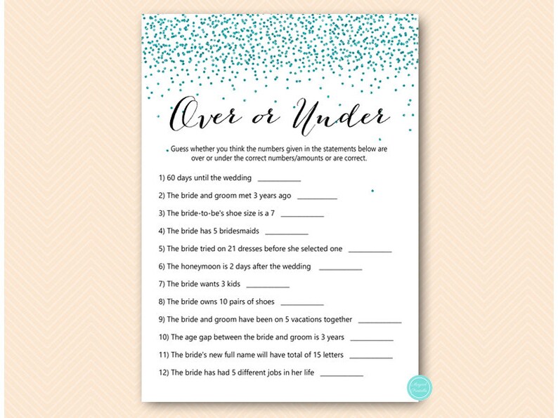 Teal Glitter Bridal Shower Games Package, over or under, who knows bride best, what did groom say, Teal glitter bachelorette, BS472t image 4