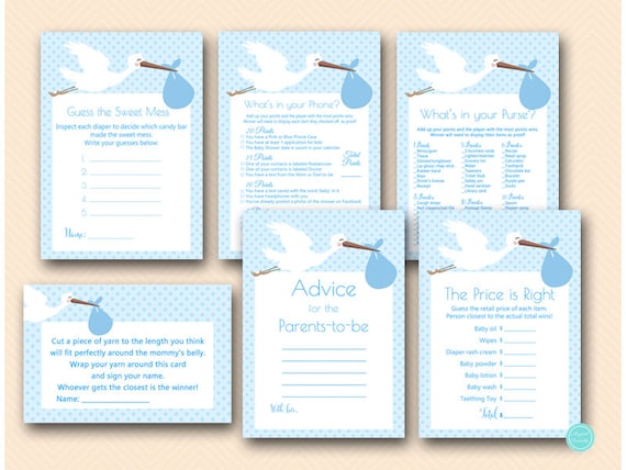 Blue Stork Baby Shower Game Pack, Stork Baby Shower Game Printables, Instant Download, Blue Stork Baby Shower Game Printable TLC458B Il_570xn