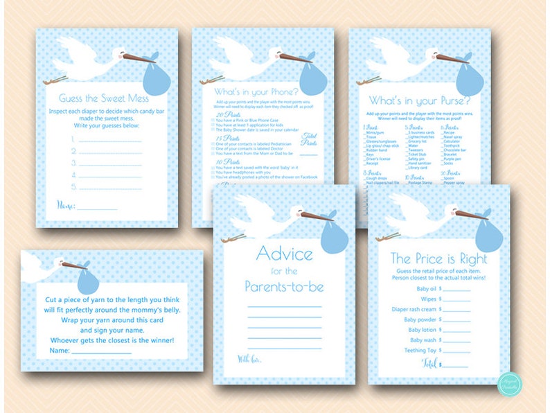 Blue Stork Baby Shower Game Pack, Stork Baby Shower Game Printables, Instant Download, Blue Stork Baby Shower Game Printable TLC458B image 1