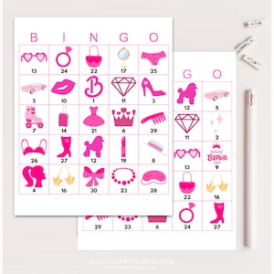 100x tarjetas de bingo rosa, bingo de cumpleaños de muñeca rosa imprimible, bingo de fiesta de cumpleaños rosa fuerte, juegos de cumpleaños divertidos, juego de bingo para cumpleaños, bs701