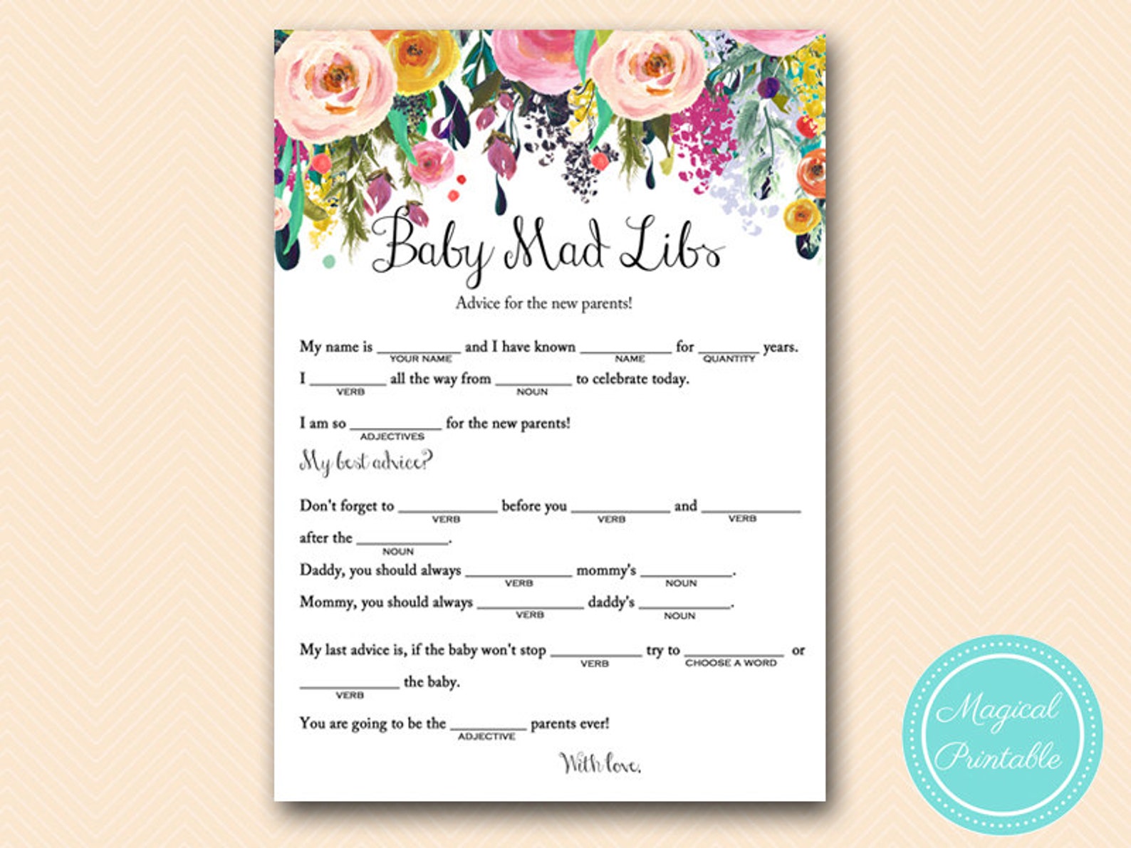 Baby mad libs advice for parents to be Floral whimsical | Etsy