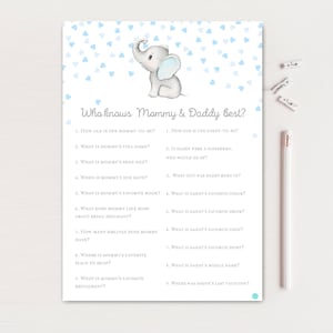 Who knows Mommy and Daddy Best, Who Knows Game Printable, Boy elephant baby shower, Gray and Blue Elephant Baby Shower Game, TLC689