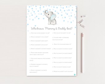 Who knows Mommy and Daddy Best, Who Knows Game Printable, Boy elephant baby shower, Gray and Blue Elephant Baby Shower Game, TLC689