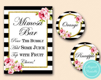 Mimosa Bar Sign, Bubbly Bar Sign, Mimosa Juice Tags, Instruction Sign, signage, Black and White Stripes, Floral, Chic, SN03 BS10 SN26 bs10b