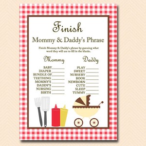 Finish Mommy & Daddy&#39;s Phrase, Finish the Phrase Game, BBQ Baby shower, BBQ Baby Shower Games Printable, picnic Baby Shower TLC23