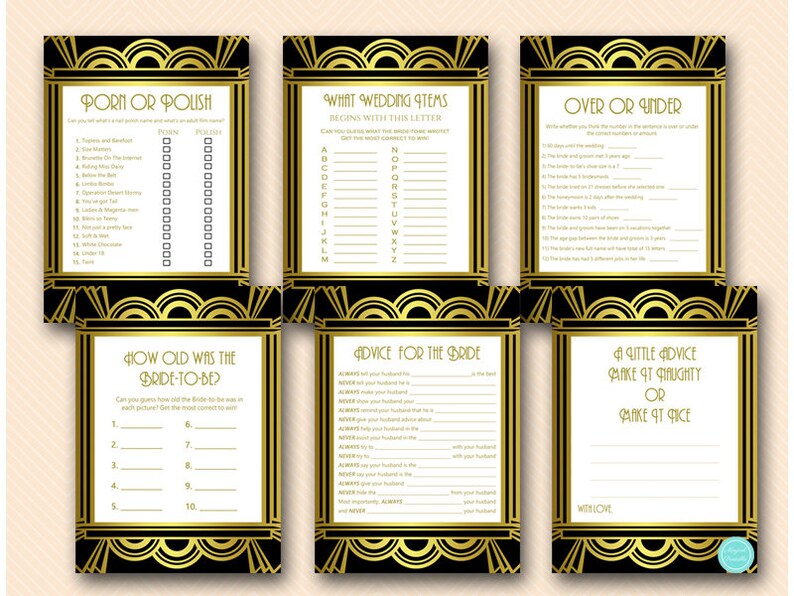 Roaring Twenties Bridal Shower Games, Art Deco Bridal Shower Games, Black  and Gold, BS31