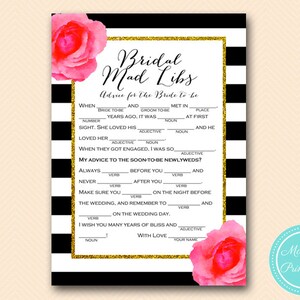 Bridal mad libs, advice for bride, Black Stripes, Watercolor Floral Bridal Shower Games, Gold Bridal Shower Games, Wedding Shower Game BS158