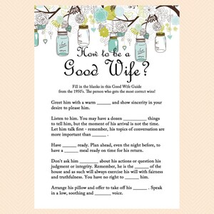 How to be a good wife, 1950 good wife guide, Mason Jars Bridal Shower Game printable, Unique Rustic Bridal Shower Games, Wedding Shower BS40