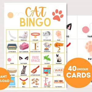 Cat Bingo Cards, Printable Kitten bingo, Download Cat bingo, Cat Party Game, Fun Cat games, bingo game Cat Party, bs701