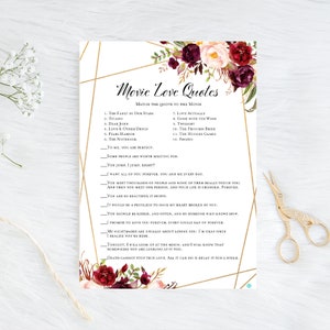 Movie Quote Game, Bridal Shower Movie Game,  Burgundy and Gold, Burgundy bridal shower, Boho bridal shower, Burgundy wedding BS649