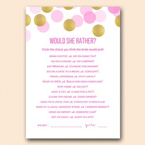 Hot Pink and Gold Would SHE rather bridal shower game, Who knows the Bride Best, Bridal Shower Game, Bridal Shower Games Download BS509