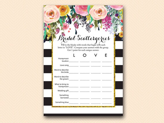 Scattergories, Bridal Shower Scattergories Game Printable, Shabby ...