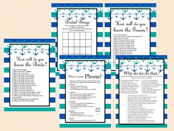 Teal Nautical Bridal Shower Games, Beach, Modern Bridal Shower Games, Teal Stripes, Anchor, Blue Wedding Shower Games BS37 Il_570xn