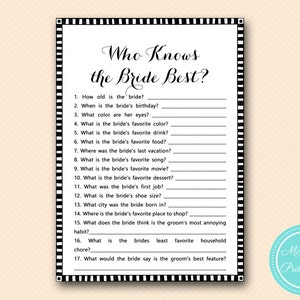 Wie gut kennen Sie die Braut, Schwarz Weiß, Brautparty Spiele, Einzigartige Brautspiele, Bachelorette Spiel, Hochzeit Dusche Spiel BS04