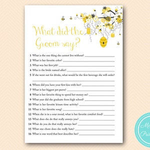 What did the Groom Say, What did he say about her, Newlywed Game, Honey Bee Bridal Shower Activity Printable, Meant to bee BS185