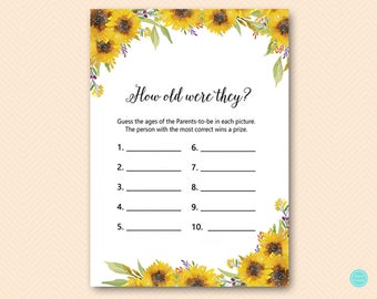 Sunflower How old were They, Guess the age of mommy and Daddy, photo picture game, Baby Shower Games, Baby Shower Game Printable TLC537