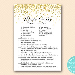 Movie quote game, famous quotes, bridal shower movie love quote game, Gold Confetti Bridal Shower, Bachelorette, Wedding Shower BS46