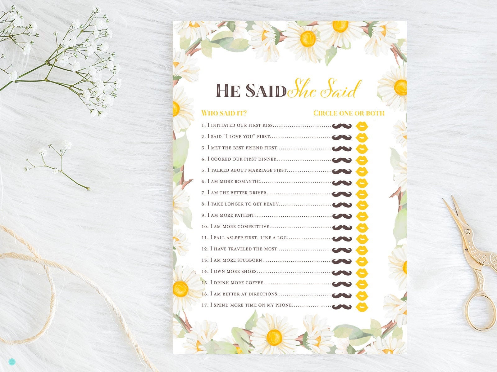 He Said She Said Bridal Shower Game Who Said It Game Daisy - Etsy Ireland