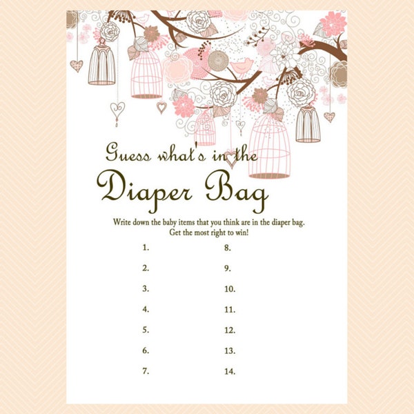 What's in the Diaper Bag Game, What's in the Bag Game, Girl, Bird Cage Baby Shower Games Printable, Floral, Pink Baby Shower Games TLC18