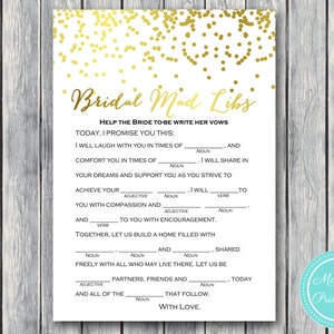 Op de afbeelding: Een printbaar bruiloftsspel met een gouden confetti-achtergrond. Het spel heet "Bridal Mad Libs" en vraagt ​​gasten om de lege plekken in te vullen om de bruid te helpen haar geloften te schrijven.