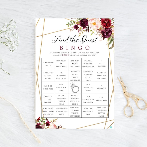 Find the Guest Bingo, Bridal Shower Bingo, Ice Breaker Game, Burgundy bridal shower, Burgundy Gold, Burgundy, Burgundy bachelorette BS649 Il_570xn