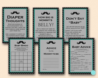 Teal mustache baby shower Games Package, little gentleman baby shower game pack, Little man Baby Shower, advice mommy, don't say baby TLC65