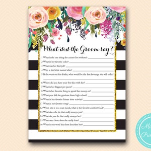 What did the Groom Say, What did he say about her, The Newlywed Game, Chic, Gold Bridal Shower, Bachelorette, Wedding Shower BS402