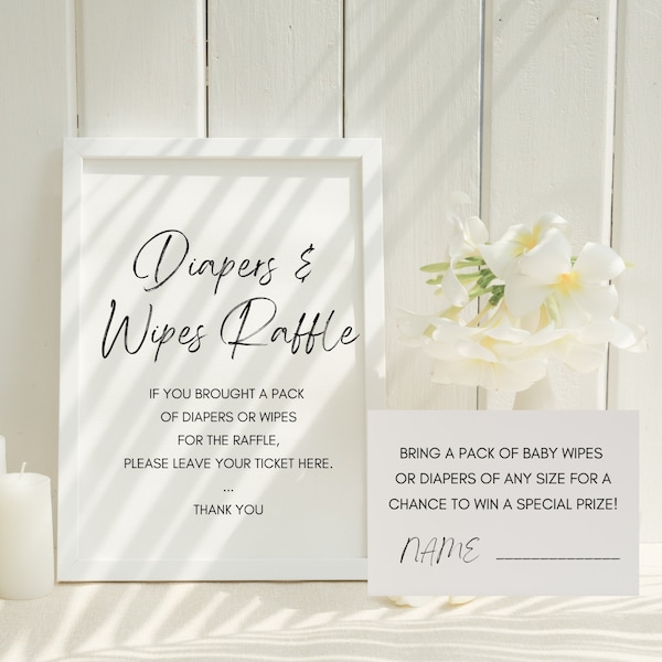 Diapers and Wipes Raffle Sign, cards, Minimalist Baby shower, Minimalist Chic baby Shower imprimable, minimaliste Baby Shower template, TLC721