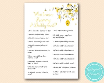 Who knows Mommy and Daddy Best Game Printable, Coed Baby shower Game,  Bee Baby Shower Game, Gender Reveal, Baby Shower Activities TLC185