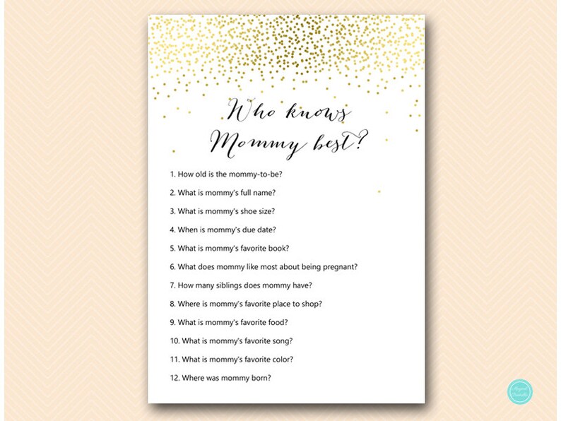 Gold Baby Shower Games, Who knows mommy best, How well do you know mommy, Baby Shower Games, Baby Shower Games Printable TLC472 db image 1