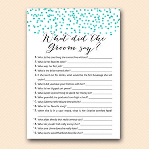What did the Groom Say, What did he say about her, Newlywed Game, Hens Party Game, Aqua confetti Bridal Shower, Aqua Bachelorette, BS441