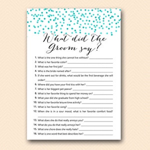 What did the Groom Say, What did he say about her, Newlywed Game, Hens Party Game, Aqua confetti Bridal Shower, Aqua Bachelorette, BS441 image 1