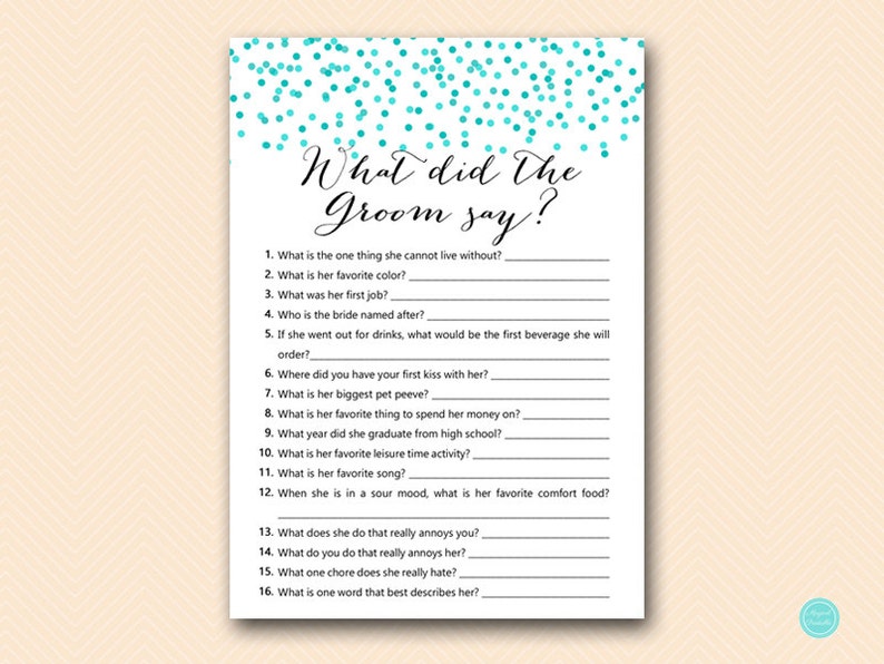 What did the Groom Say, What did he say about her, Newlywed Game, Hens Party Game, Aqua confetti Bridal Shower, Aqua Bachelorette, BS441 image 1