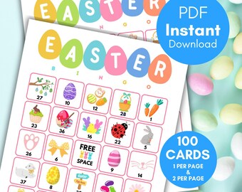 Osterbingo mit Zahlen, 100 Osterbingo zum Ausdrucken, Osterparty Spiel für Kinder und Erwachsene, Familien-Osterspiel, bs701 6