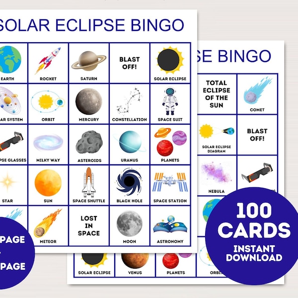 Solar Eclipse Bingo Cards, 100 Printable Solar Eclipse Bingo, Space Bingo, Solar Eclipse Game, Solar Eclipse Activity, Eclipse Party bs701