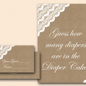 Burlap and Lace Guess how many Diapers in the diaper cake, guessing game,Burlap and Lace Baby Shower Game, Baby Shower Activities TLC11