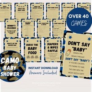 Over 40 Blue Camo baby shower games Package, Instant Download, Army baby shower games, Military, Boy camo themed baby shower games TLC70