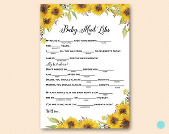 Summer Sunflower Baby Shower Mad Libs, Mad Lib Baby Shower, Baby Shower Games, Baby Shower Games Printable, Activities, TLC537