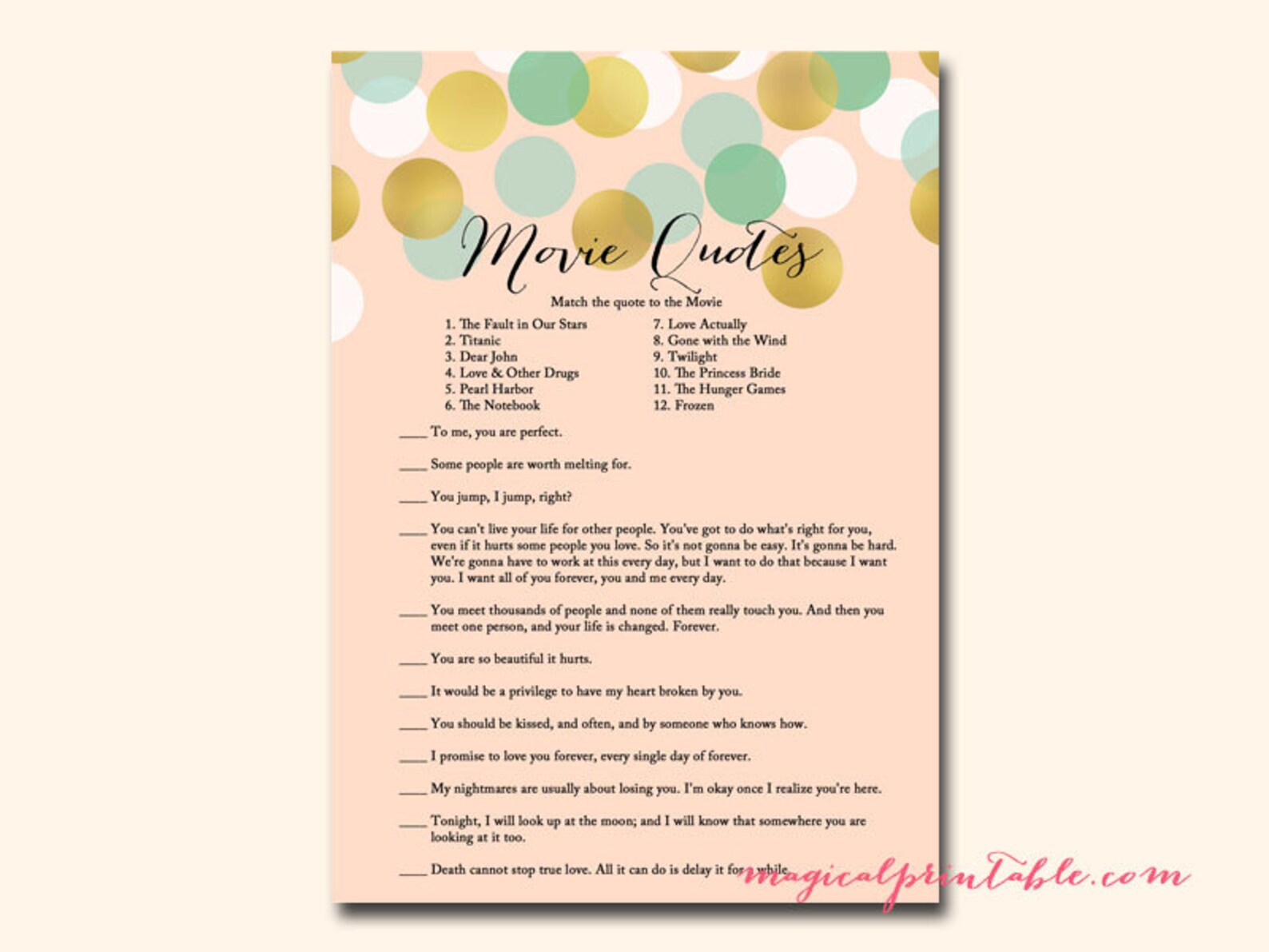 Movie Quote Quiz Famous Love Quotes Movie Game Mint Coral Etsy