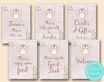 May include: Six printable signs featuring a cute cartoon owl with pink accents and leafy branches. The signs have text that reads "Favors Please take one", "Please help yourself to drinks", "Cards and Gifts thank you", "Please enjoy some food", "Please sign the Guest Book", and "Welcome".