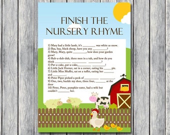 finish nursery rhyme, nursery rhyme quiz, nursery rhyme game, neutral, Farm animals Baby Shower Games Printables, Farm Baby Shower TLC59